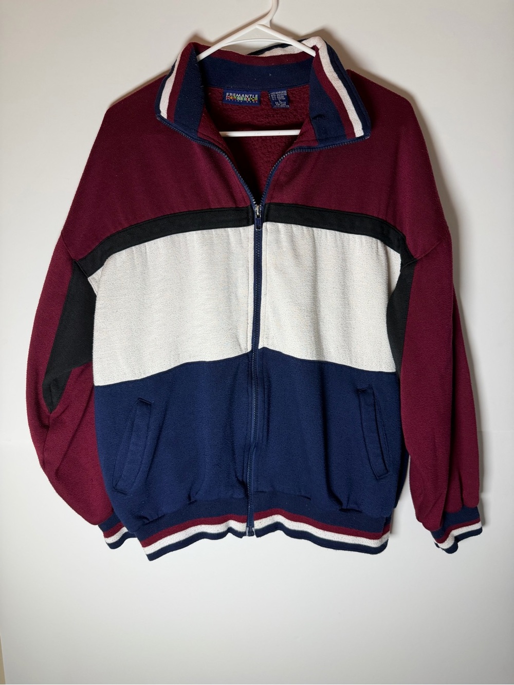 Colorblock Zip-Up Sweater Jacket in Burgundy, Navy & White